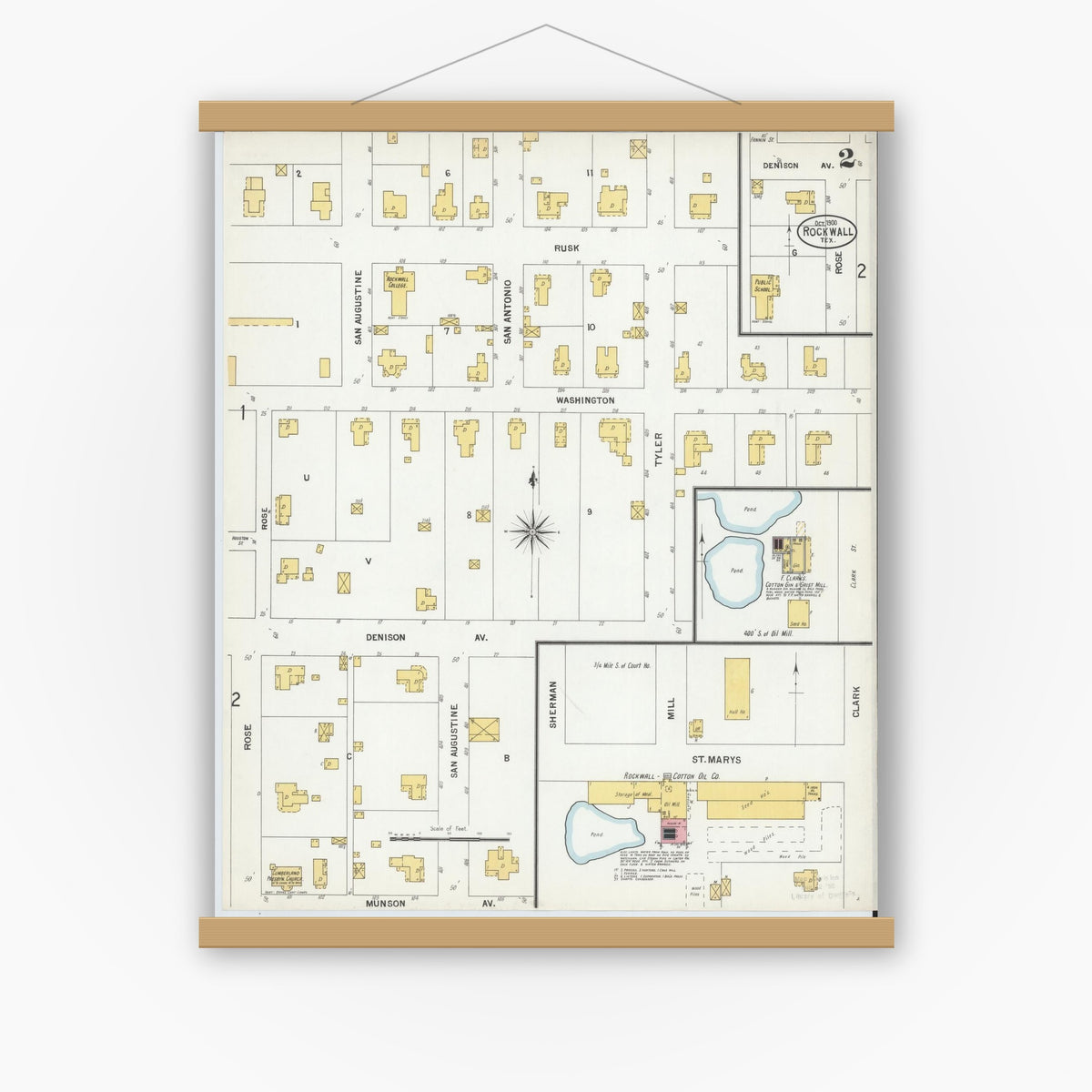 Old map wall art mockup — magnetic wood frame on white wall — Sanborn Fire Insurance Map from Rockwall, Rockwall County, Texas (1900), Sheet #0002