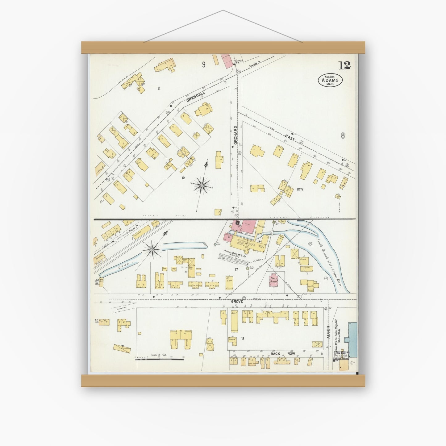 Old map wall art mockup — magnetic wood frame on white wall — Sanborn Fire Insurance Map from Adams, Berkshire County, Massachusetts (1901), Sheet #0012