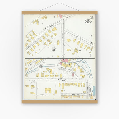 Old map wall art mockup — magnetic wood frame on white wall — Sanborn Fire Insurance Map from Adams, Berkshire County, Massachusetts (1901), Sheet #0012