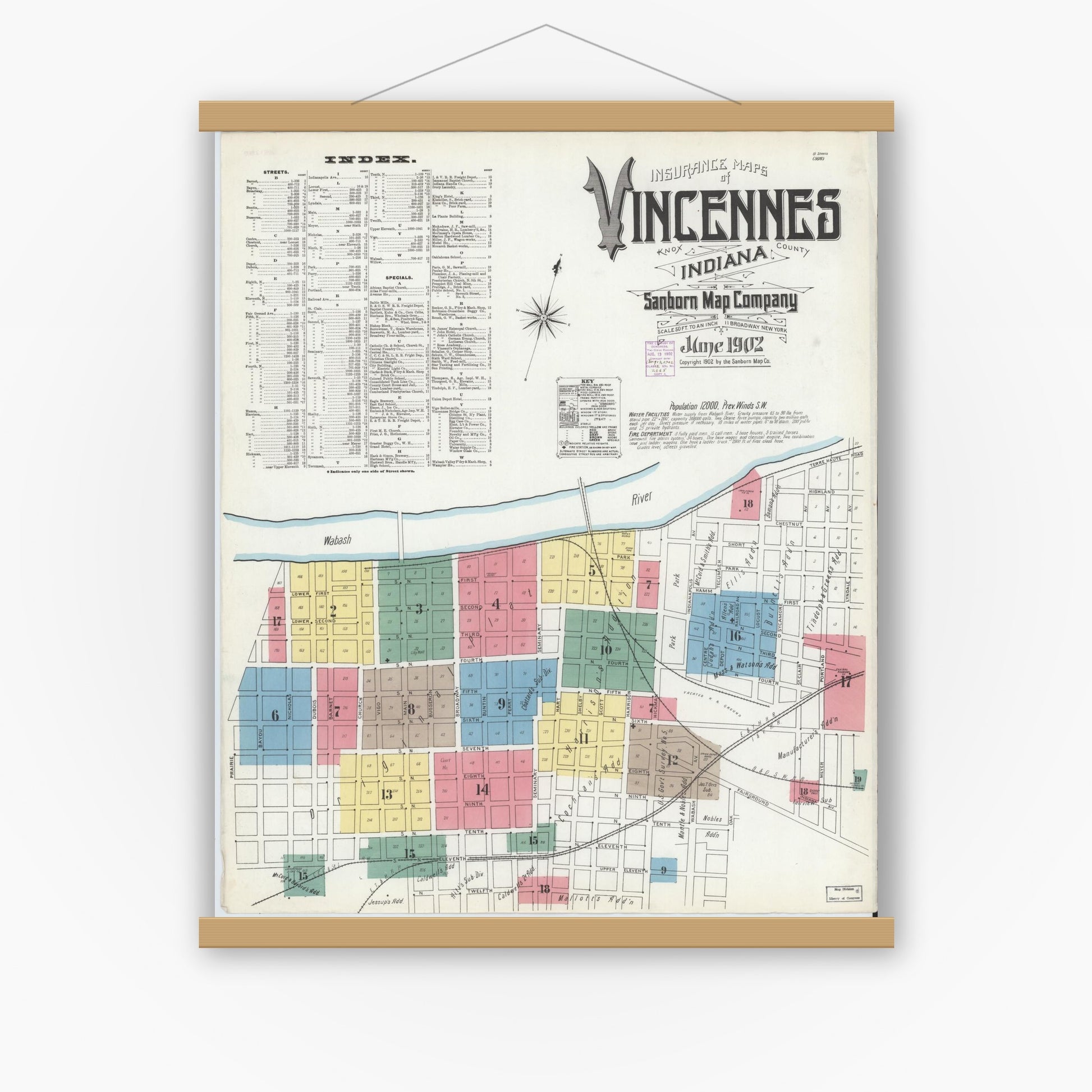 Old map wall art mockup — magnetic wood frame on white wall — Sanborn Fire Insurance Map from Vincennes, Knox County, Indiana (1902) - Complete Map Set