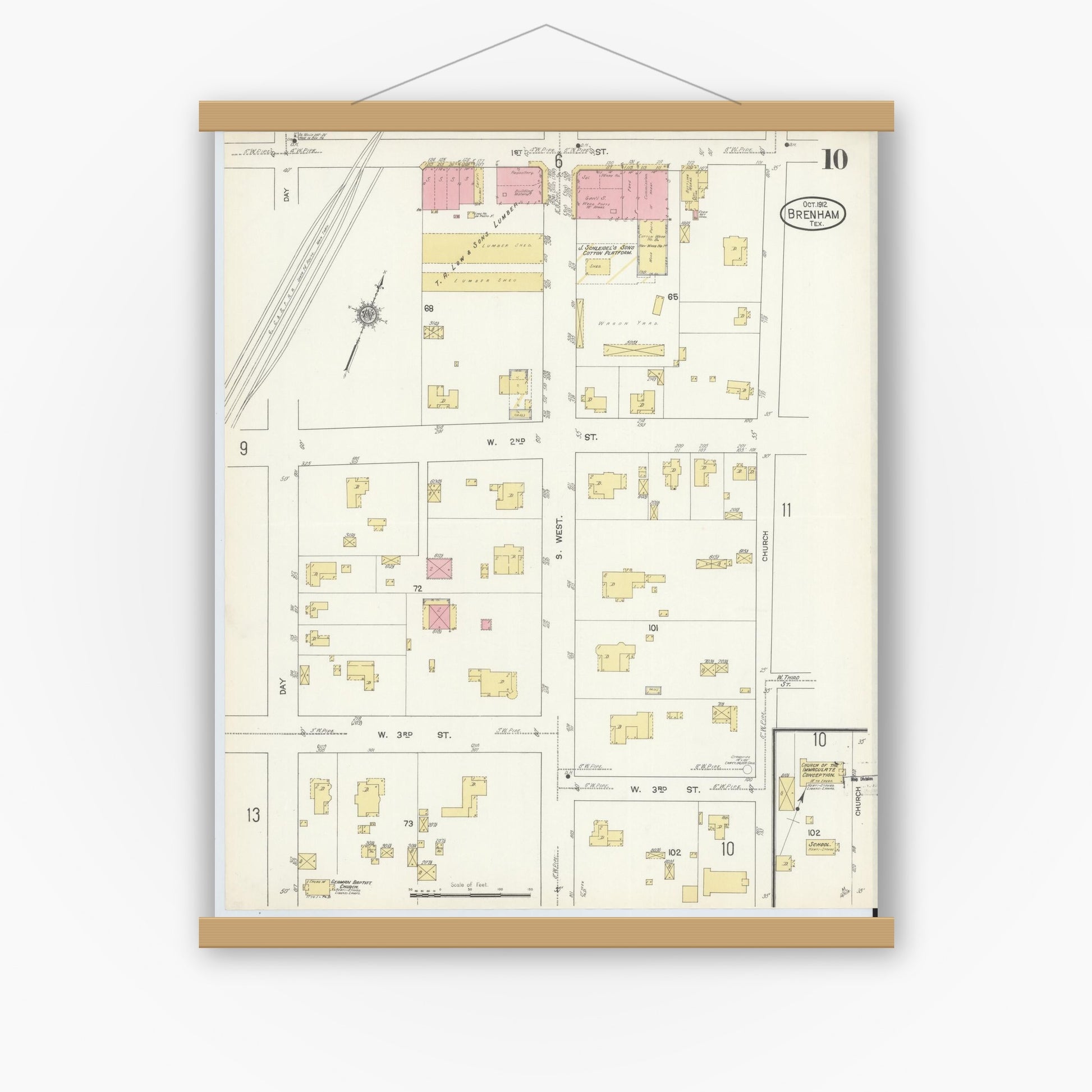 Old map wall art mockup — magnetic wood frame on white wall — Sanborn Fire Insurance Map from Brenham, Washington County, Texas (1912), Sheet #0010