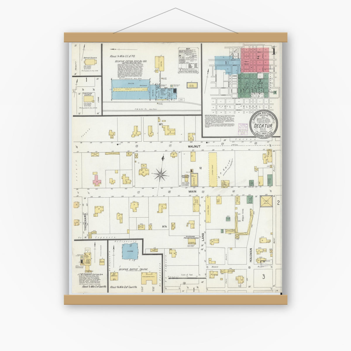 Old map wall art mockup — magnetic wood frame on white wall — Sanborn Fire Insurance Map from Decatur, Wise County, Texas (1902) - Complete Map Set