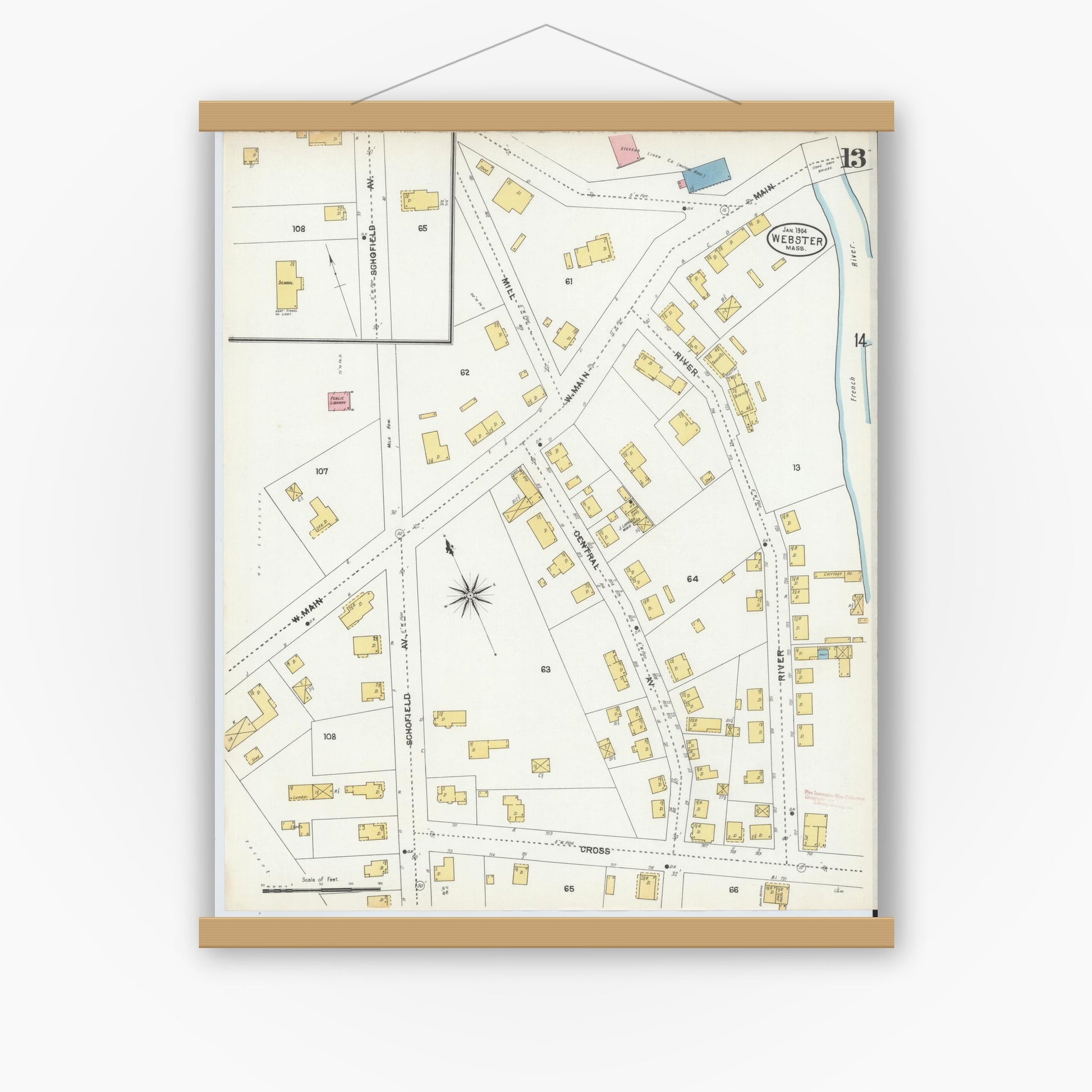Old map wall art mockup — magnetic wood frame on white wall — Sanborn Fire Insurance Map from Webster, Worcester County, Massachusetts (1904), Sheet #0013
