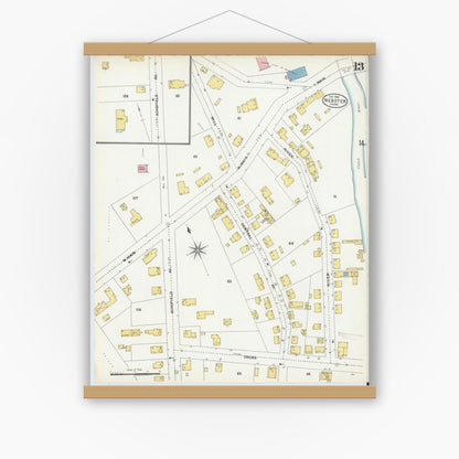 Old map wall art mockup — magnetic wood frame on white wall — Sanborn Fire Insurance Map from Webster, Worcester County, Massachusetts (1904), Sheet #0013