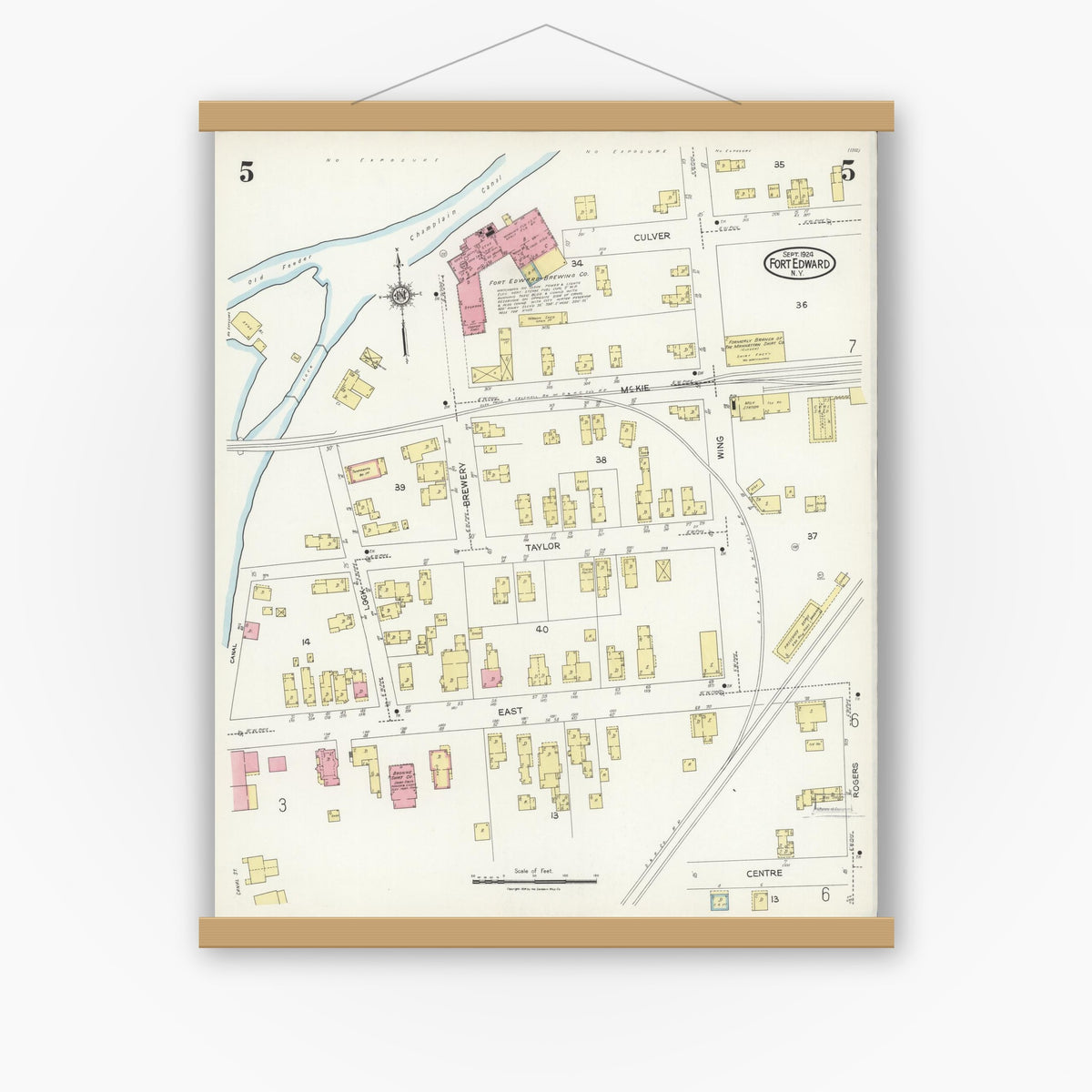 Old map wall art mockup — magnetic wood frame on white wall — Sanborn Fire Insurance Map from Fort Edward, Washington County, New York (1924), Sheet #0005