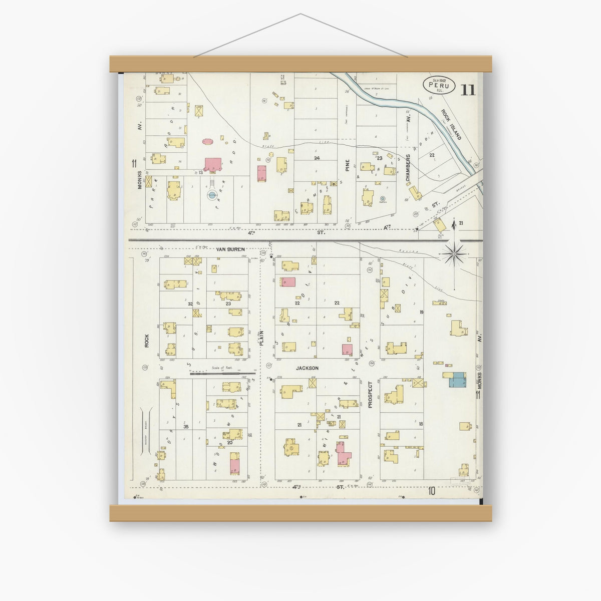 Old map wall art mockup — magnetic wood frame on white wall — Sanborn Fire Insurance Map from Peru, La Salle County, Illinois (1902), Sheet #0011