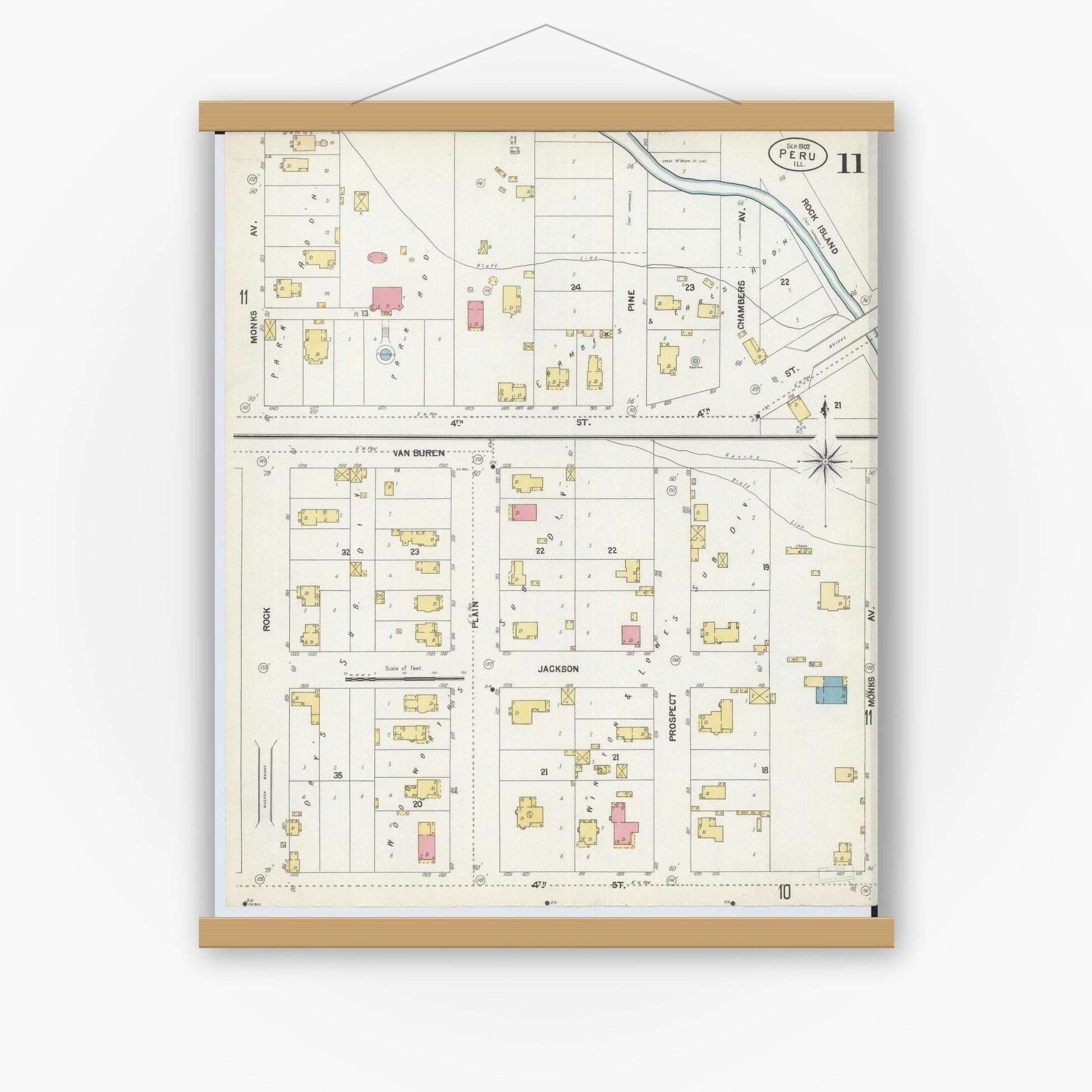 Old map wall art mockup — magnetic wood frame on white wall — Sanborn Fire Insurance Map from Peru, La Salle County, Illinois (1902), Sheet #0011