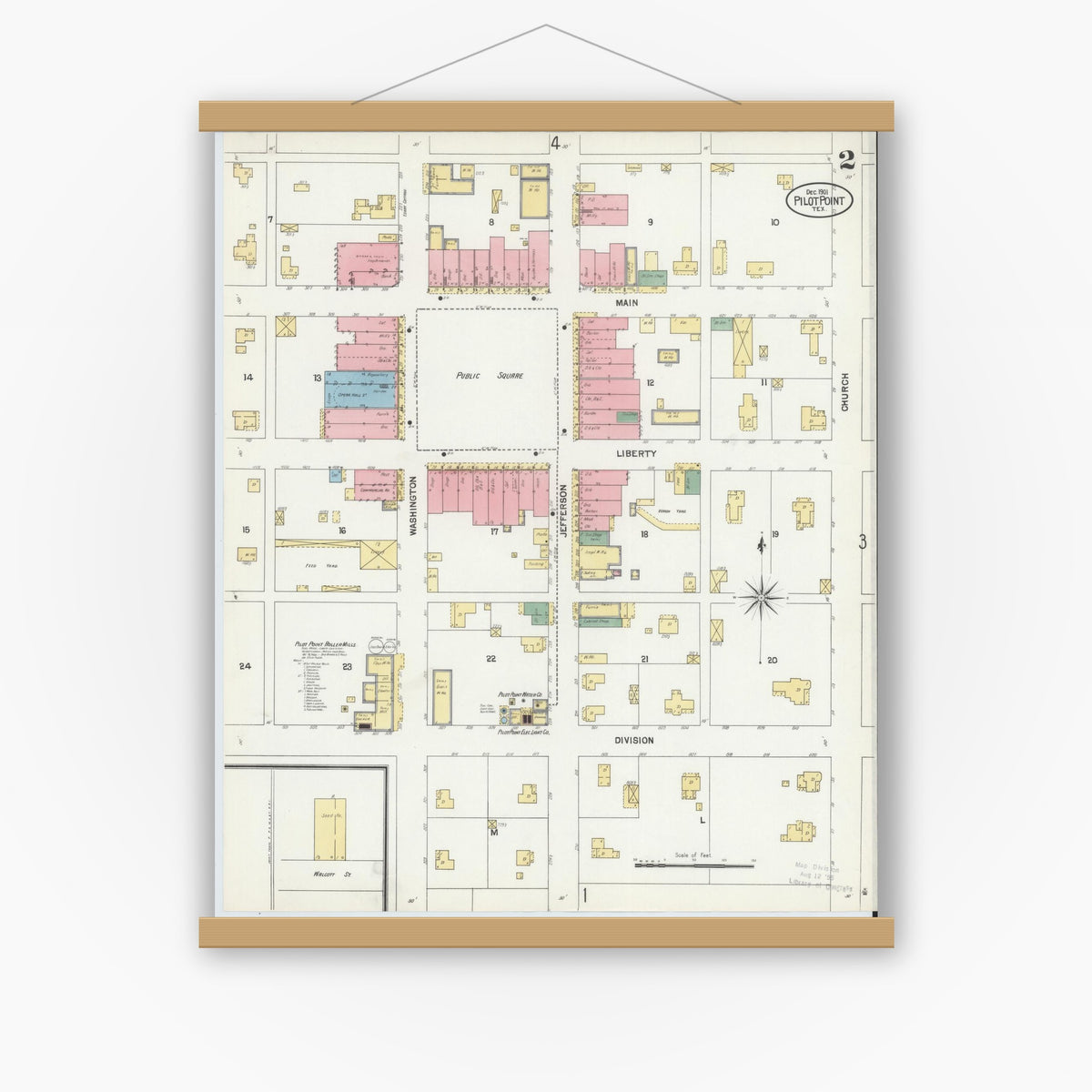 Old map wall art mockup — magnetic wood frame on white wall — Sanborn Fire Insurance Map from Pilot Point, Denton County, Texas (1901), Sheet #0002