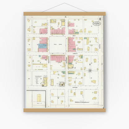 Old map wall art mockup — magnetic wood frame on white wall — Sanborn Fire Insurance Map from Pilot Point, Denton County, Texas (1901), Sheet #0002