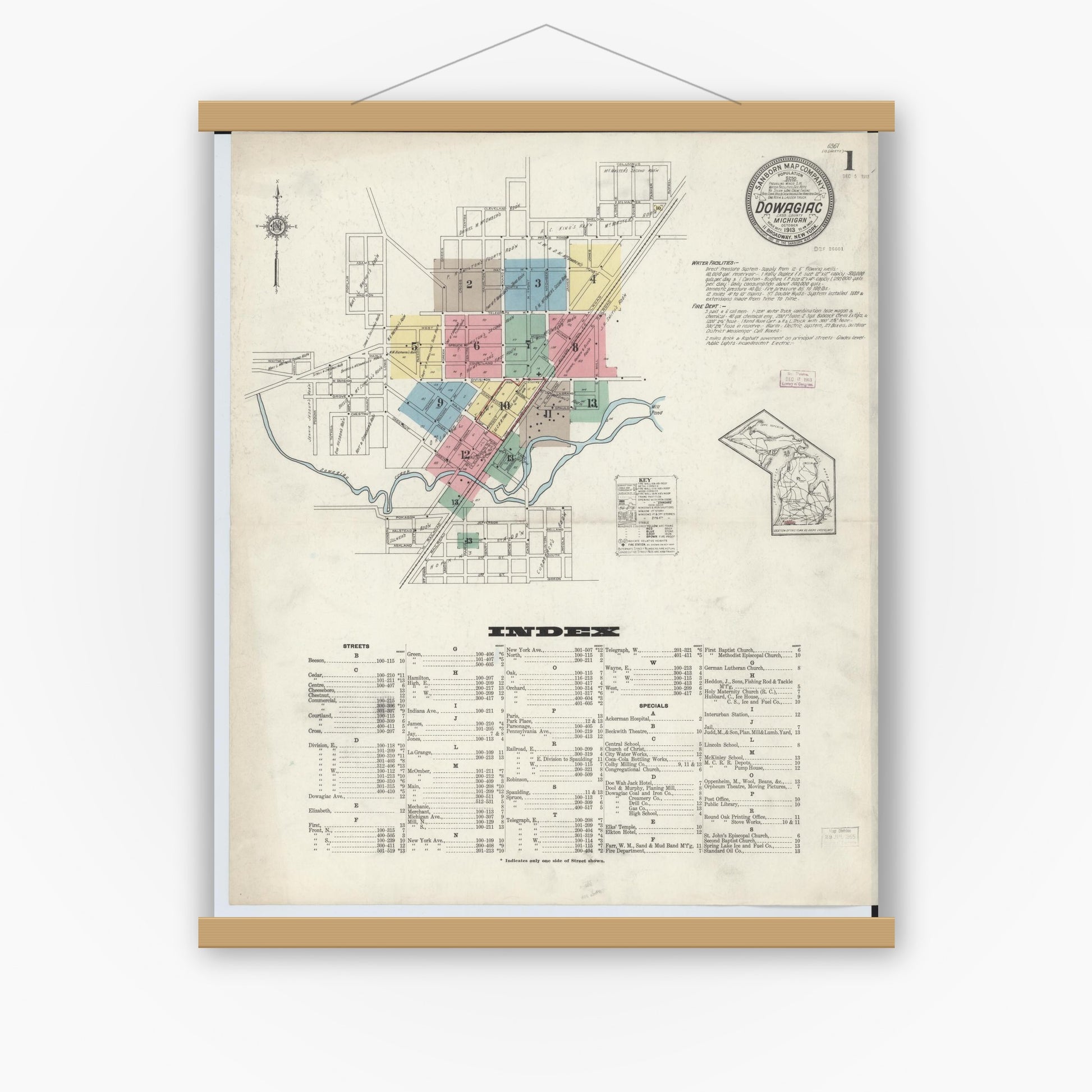 Old map wall art mockup — magnetic wood frame on white wall — Sanborn Fire Insurance Map from Dowagiac, Cass County, Michigan (1913), Sheet #0001