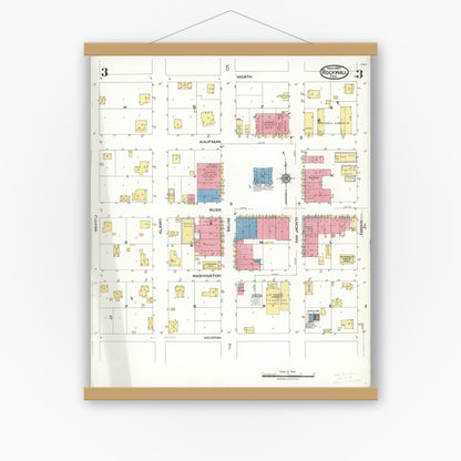 Old map wall art mockup — magnetic wood frame on white wall — Sanborn Fire Insurance Map from Rockwall, Rockwall County, Texas (1923), Sheet #0003