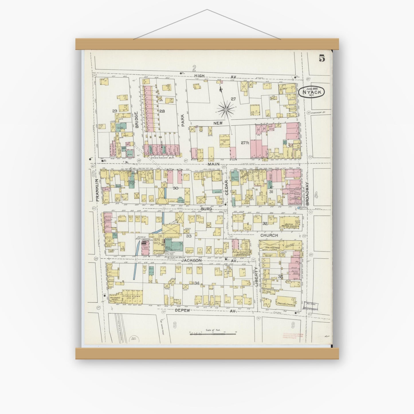 Old map wall art mockup — magnetic wood frame on white wall — Sanborn Fire Insurance Map from Nyack, Rockland County, New York. (1892), Sheet #0005