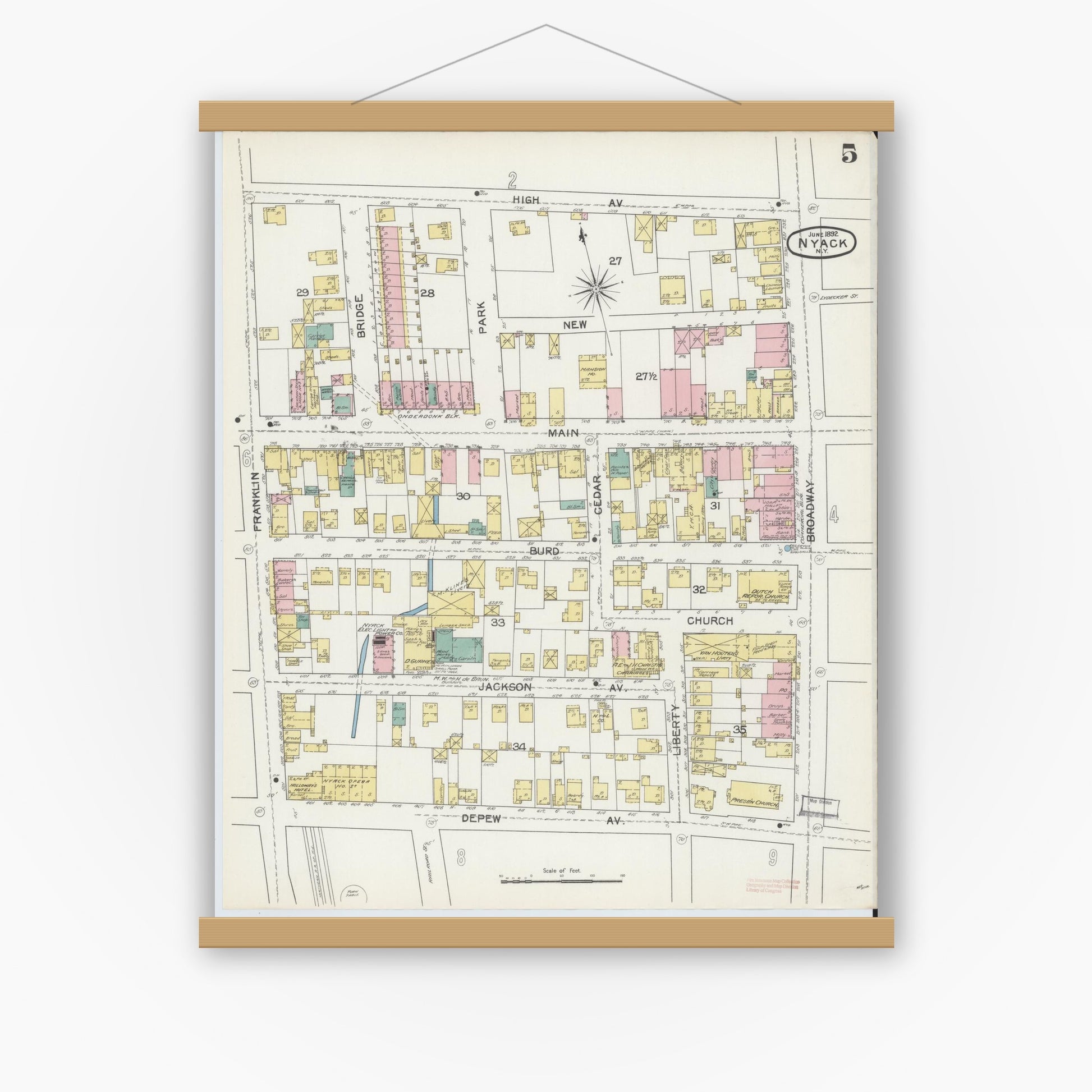 Old map wall art mockup — magnetic wood frame on white wall — Sanborn Fire Insurance Map from Nyack, Rockland County, New York. (1892), Sheet #0005