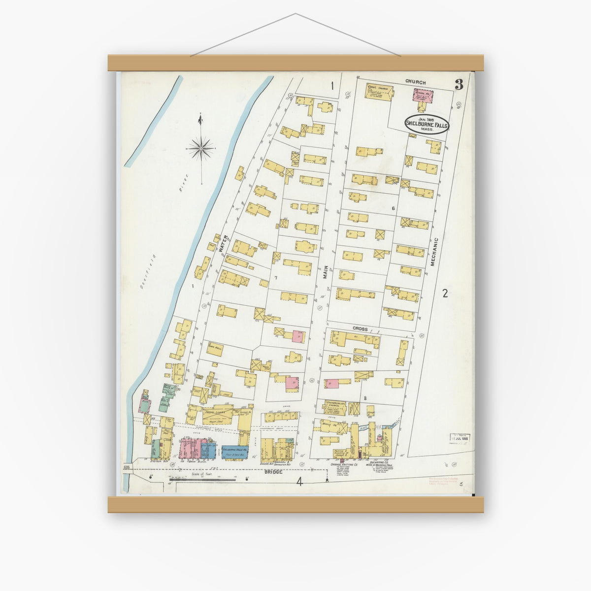 Old map wall art mockup — magnetic wood frame on white wall — Sanborn Fire Insurance Map from Shelburne Falls, Franklin County, Massachusetts (1905), Sheet #0003