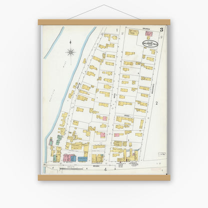 Old map wall art mockup — magnetic wood frame on white wall — Sanborn Fire Insurance Map from Shelburne Falls, Franklin County, Massachusetts (1905), Sheet #0003
