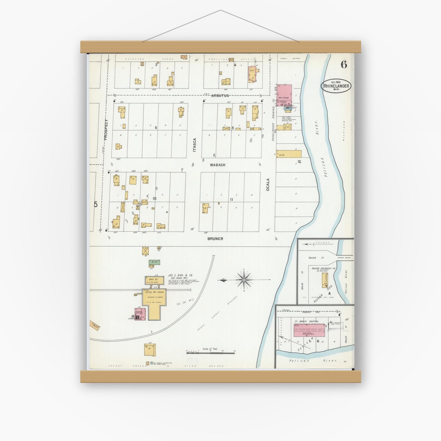 Old map wall art mockup — magnetic wood frame on white wall — Sanborn Fire Insurance Map from Rhinelander, Oneida County, Wisconsin (1900), Sheet #0006