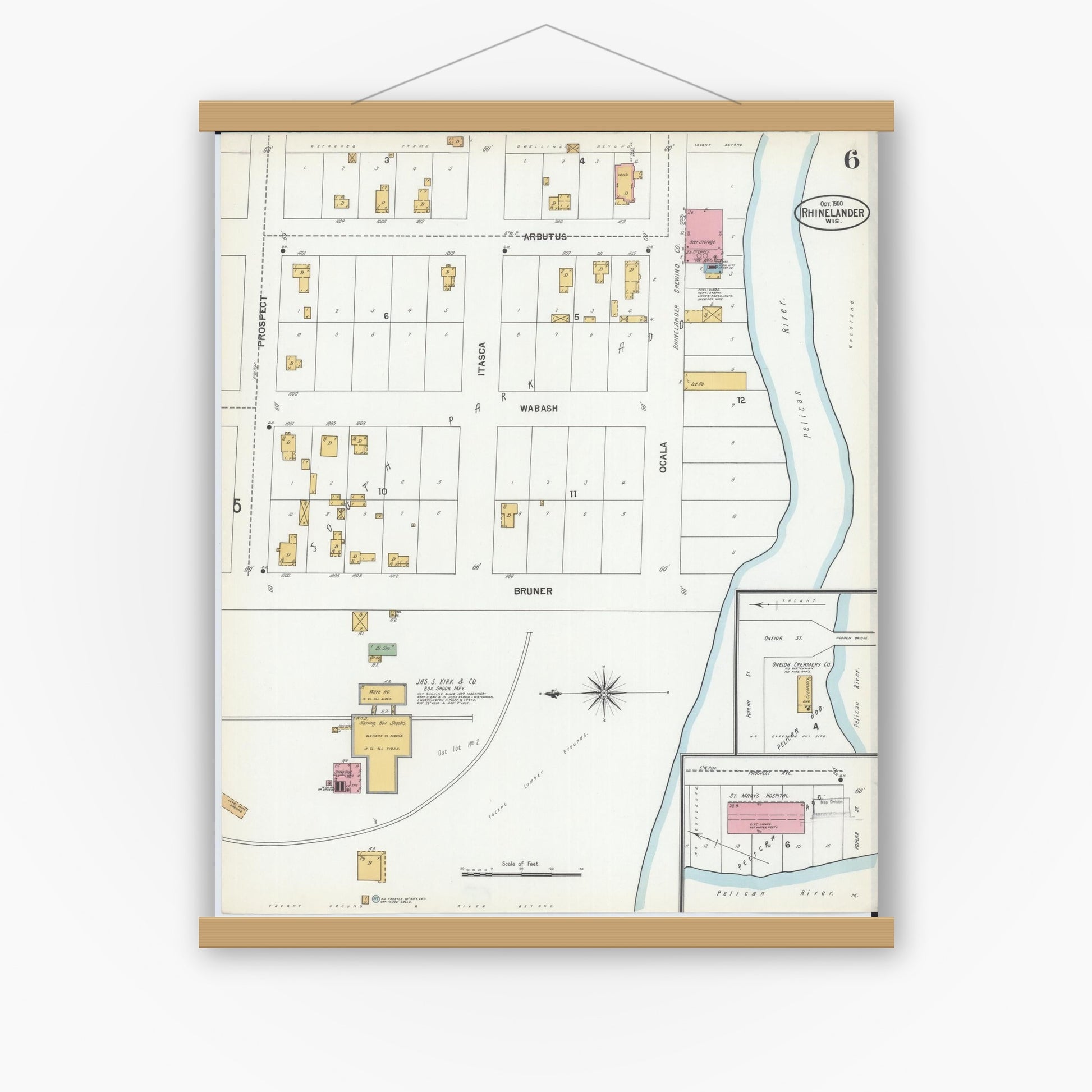 Old map wall art mockup — magnetic wood frame on white wall — Sanborn Fire Insurance Map from Rhinelander, Oneida County, Wisconsin (1900), Sheet #0006