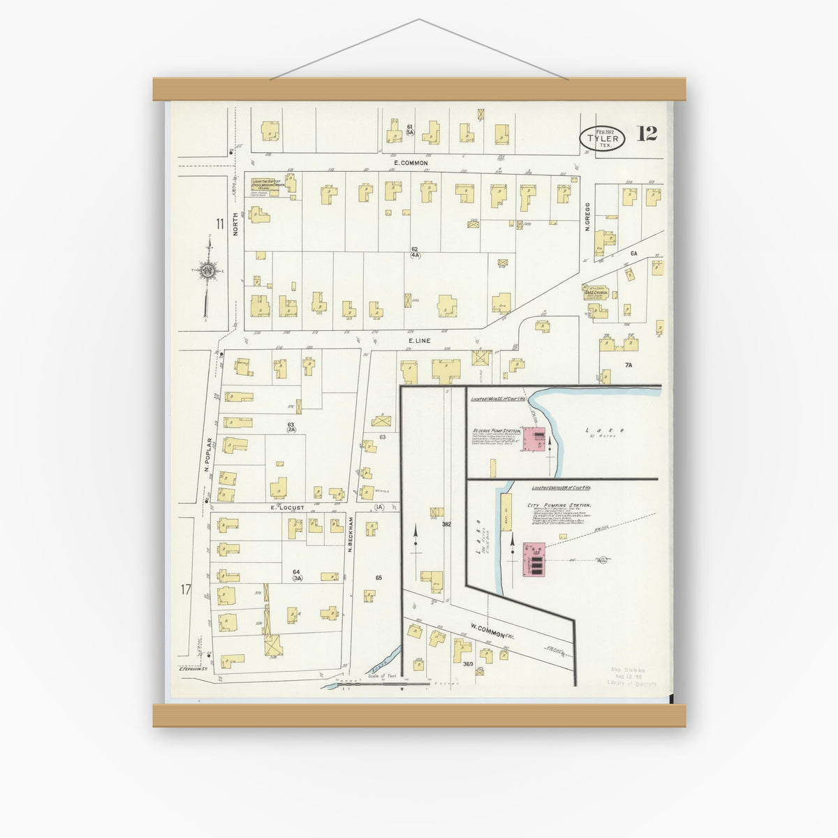 Old map wall art mockup — magnetic wood frame on white wall — Sanborn Fire Insurance Map from Tyler, Smith County, Texas (1912), Sheet #0012