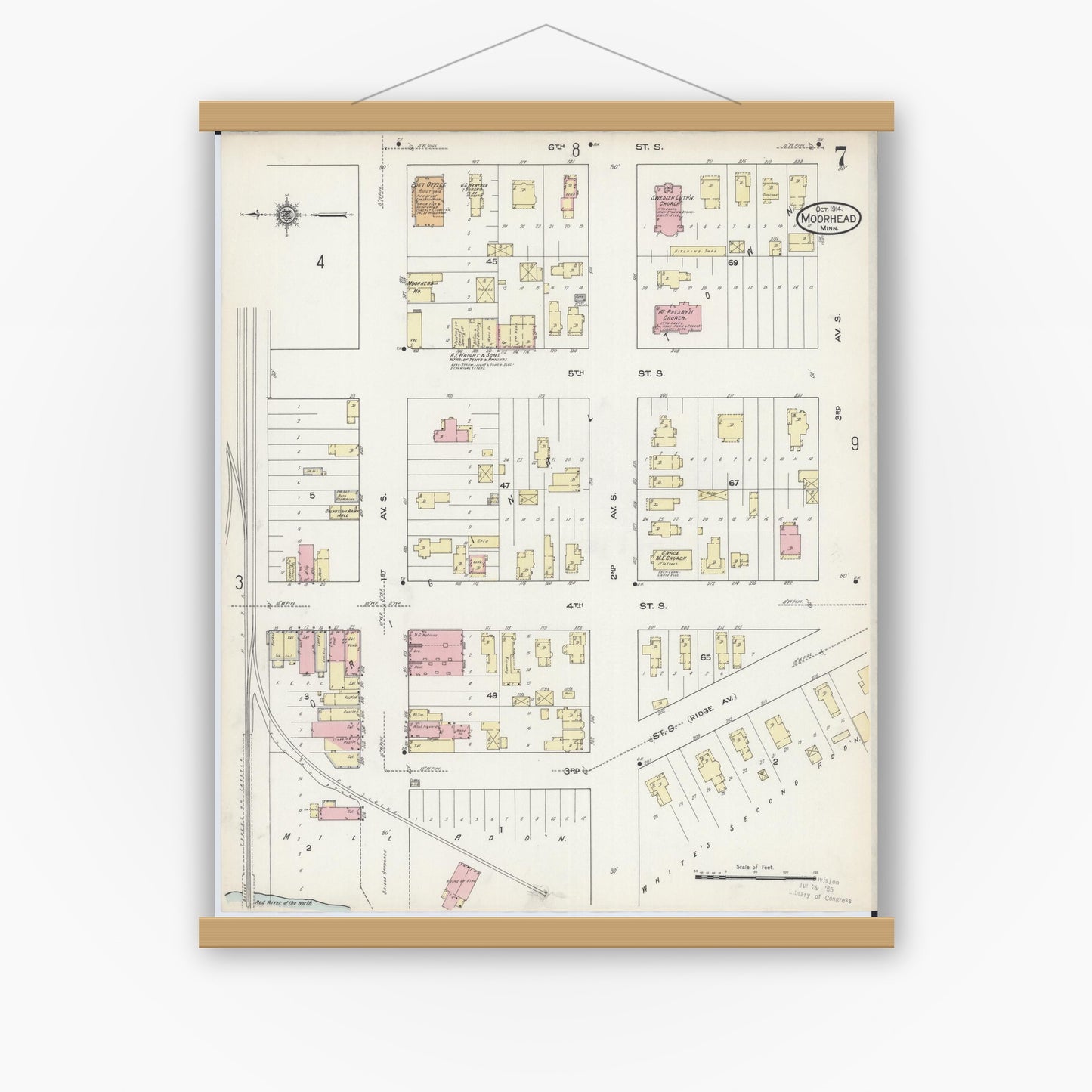 Old map wall art mockup — magnetic wood frame on white wall — Sanborn Fire Insurance Map from Moorhead, Clay County, Minnesota (1914), Sheet #0007
