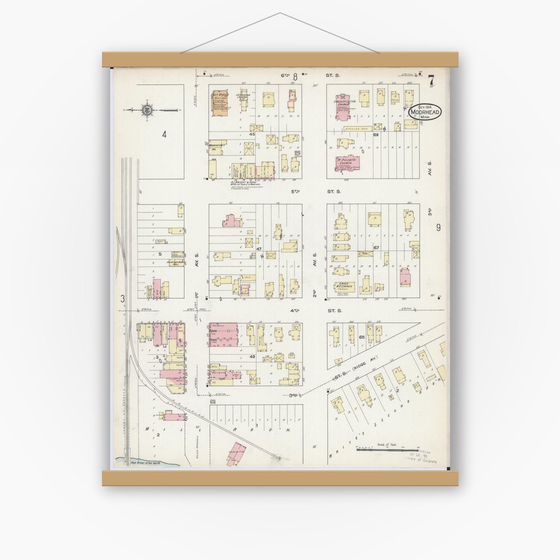 Old map wall art mockup — magnetic wood frame on white wall — Sanborn Fire Insurance Map from Moorhead, Clay County, Minnesota (1914), Sheet #0007