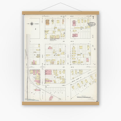 Old map wall art mockup — magnetic wood frame on white wall — Sanborn Fire Insurance Map from Moorhead, Clay County, Minnesota (1914), Sheet #0007