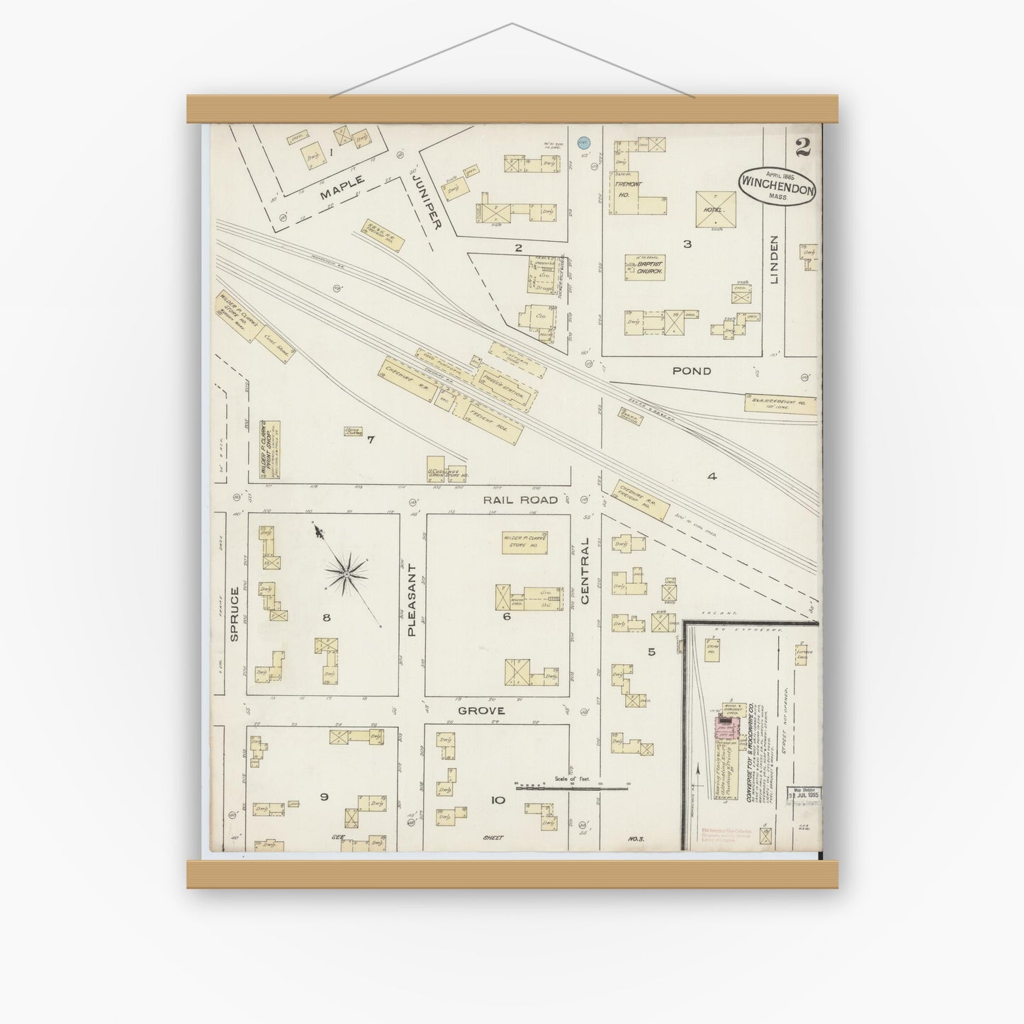 Old map wall art mockup — magnetic wood frame on white wall — Sanborn Fire Insurance Map from Winchendon, Worcester County, Massachusetts (1885), Sheet #0002