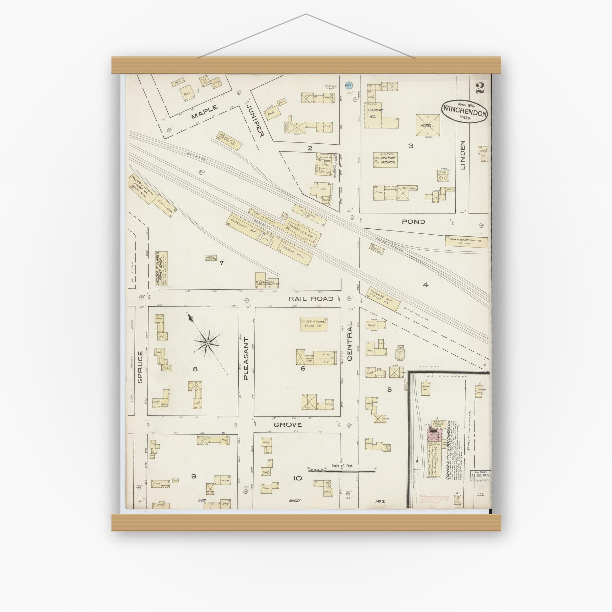 Old map wall art mockup — magnetic wood frame on white wall — Sanborn Fire Insurance Map from Winchendon, Worcester County, Massachusetts (1885), Sheet #0002