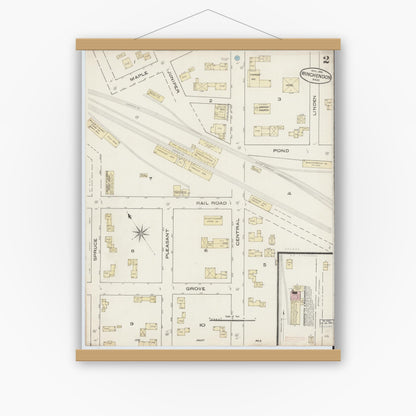 Old map wall art mockup — magnetic wood frame on white wall — Sanborn Fire Insurance Map from Winchendon, Worcester County, Massachusetts (1885), Sheet #0002