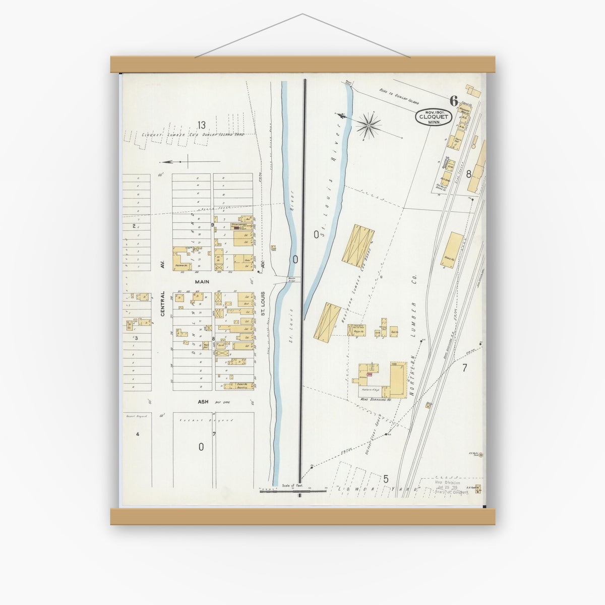 Old map wall art mockup — magnetic wood frame on white wall — Sanborn Fire Insurance Map from Cloquet, Carlton County, Minnesota (1901), Sheet #0006