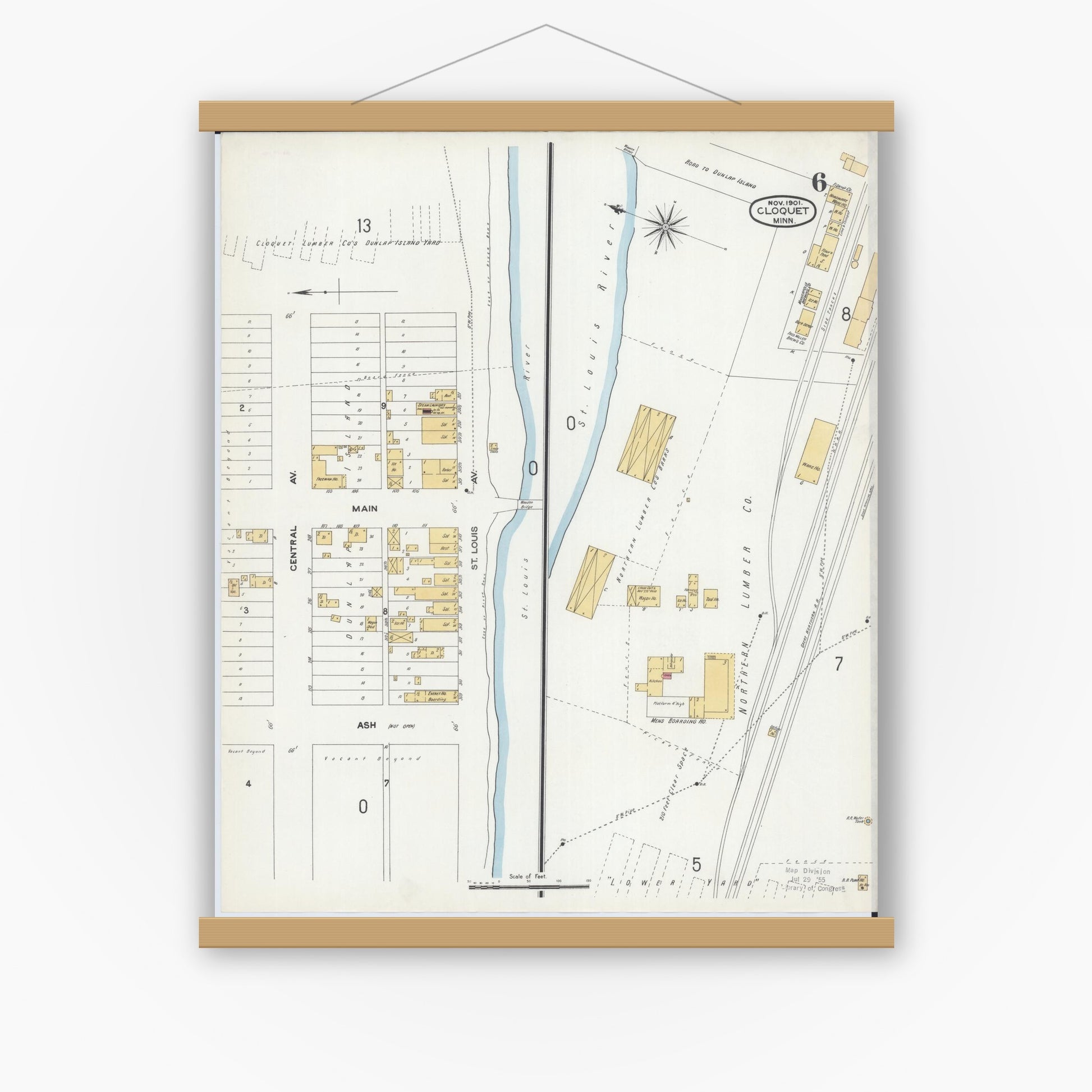 Old map wall art mockup — magnetic wood frame on white wall — Sanborn Fire Insurance Map from Cloquet, Carlton County, Minnesota (1901), Sheet #0006