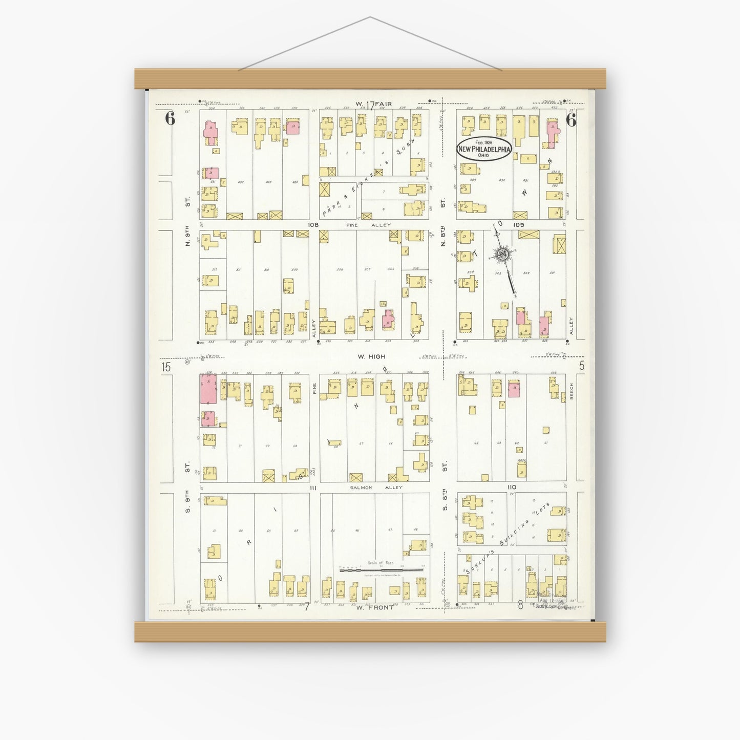 Old map wall art mockup — magnetic wood frame on white wall — Sanborn Fire Insurance Map from New Philadelphia, Tuscarawas County, Ohio (1926), Sheet #0006