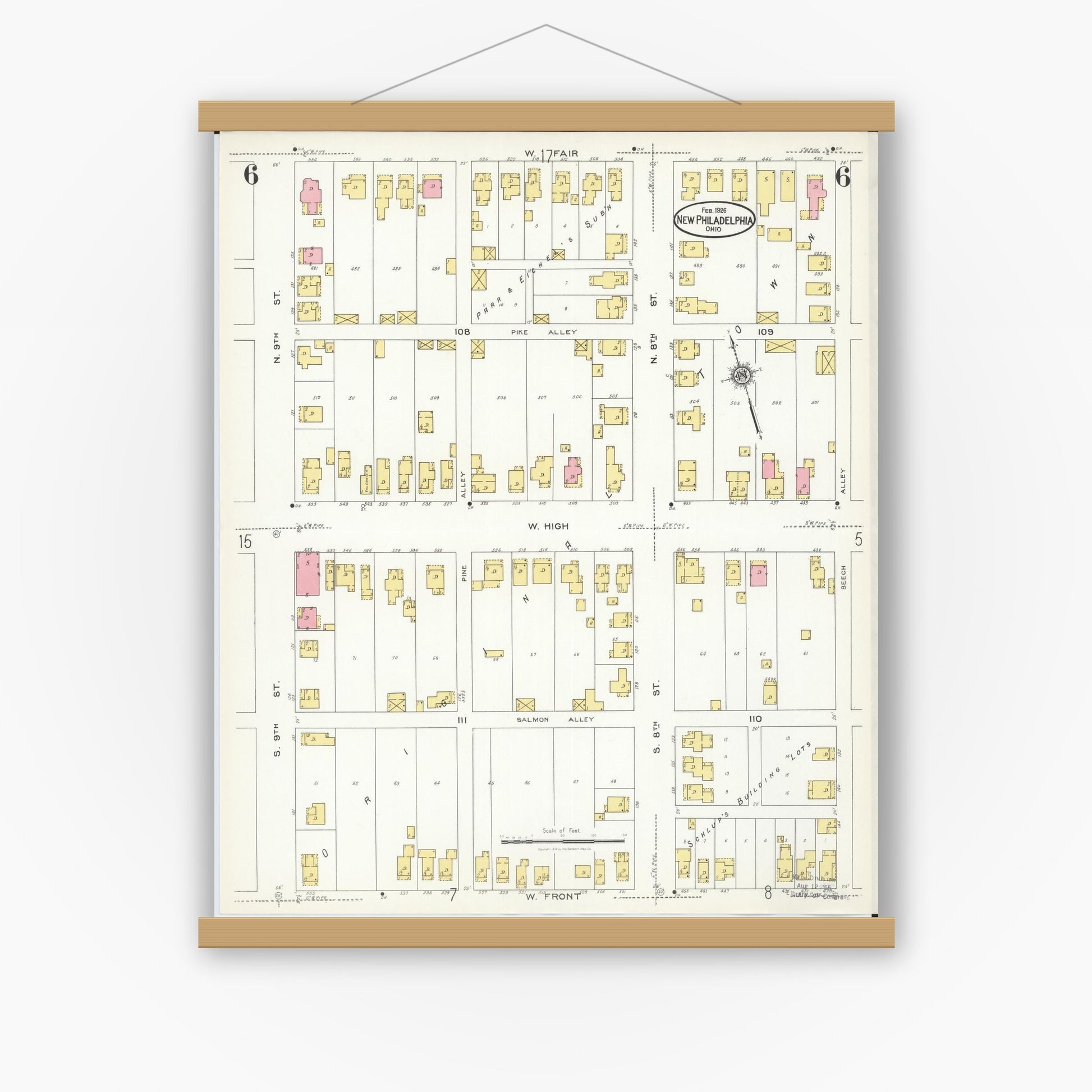Old map wall art mockup — magnetic wood frame on white wall — Sanborn Fire Insurance Map from New Philadelphia, Tuscarawas County, Ohio (1926), Sheet #0006