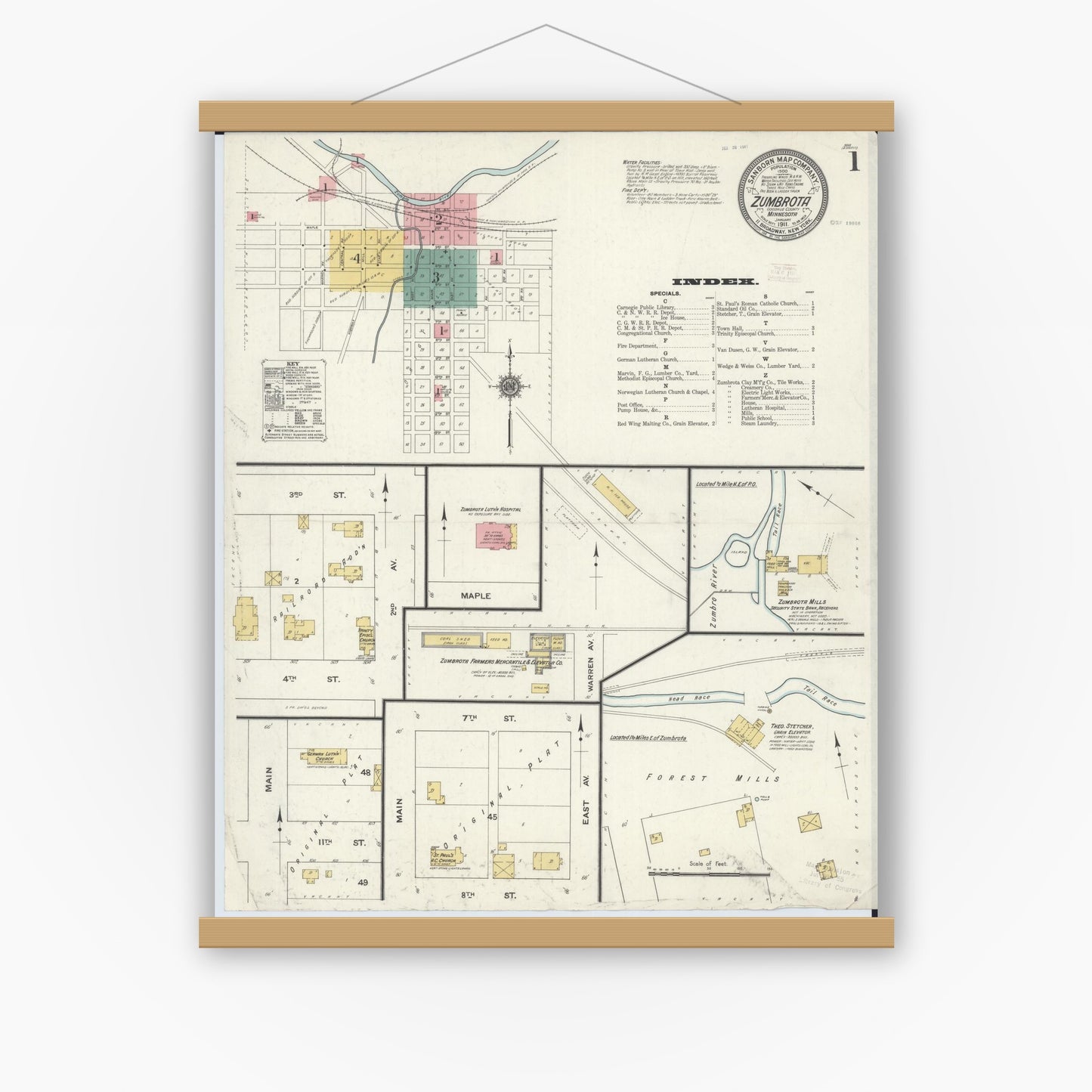 Old map wall art mockup — magnetic wood frame on white wall — Sanborn Fire Insurance Map from Zumbrota, Goodhue County, Minnesota (1911), Sheet #0001