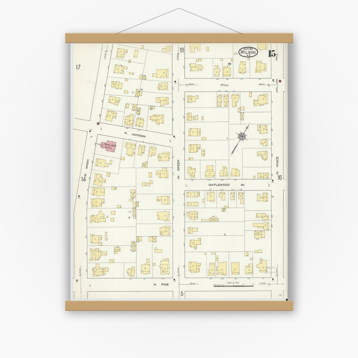 Old map wall art mockup — magnetic wood frame on white wall — Sanborn Fire Insurance Map from Wilson, Wilson County, North Carolina (1913), Sheet #0015