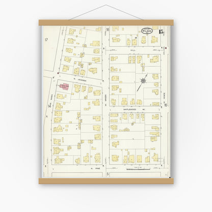 Old map wall art mockup — magnetic wood frame on white wall — Sanborn Fire Insurance Map from Wilson, Wilson County, North Carolina (1913), Sheet #0015