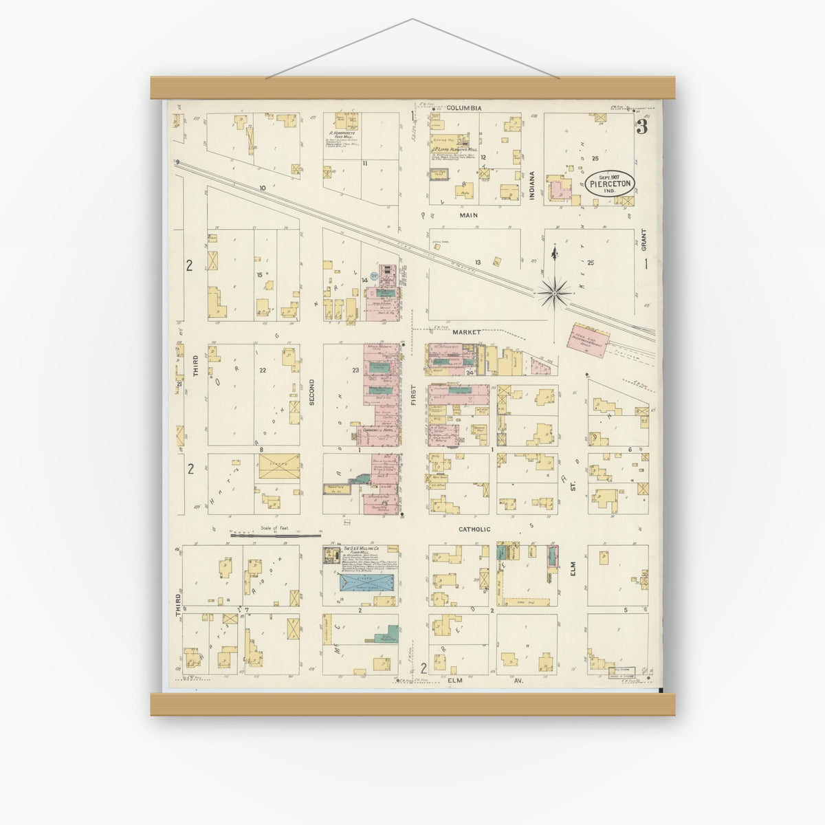 Old map wall art mockup — magnetic wood frame on white wall — Sanborn Fire Insurance Map from Pierceton, Kosciusko County, Indiana (1907), Sheet #0003
