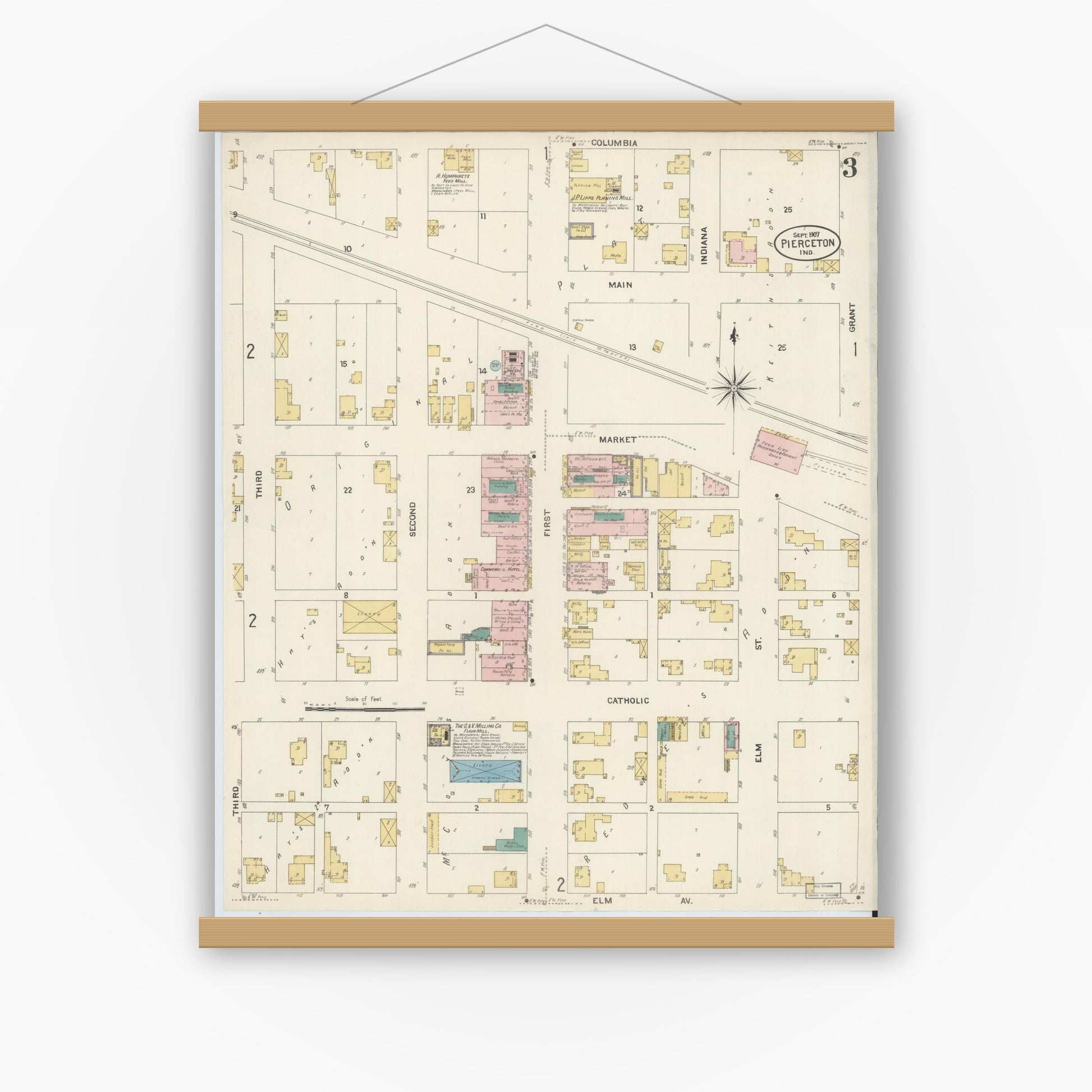 Old map wall art mockup — magnetic wood frame on white wall — Sanborn Fire Insurance Map from Pierceton, Kosciusko County, Indiana (1907), Sheet #0003