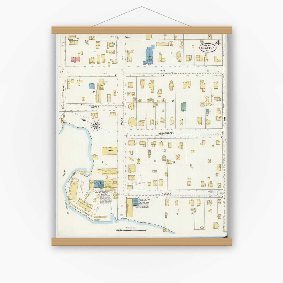 Old map wall art mockup — magnetic wood frame on white wall — Sanborn Fire Insurance Map from Clayton, Jefferson County, New York (1905), Sheet #0004