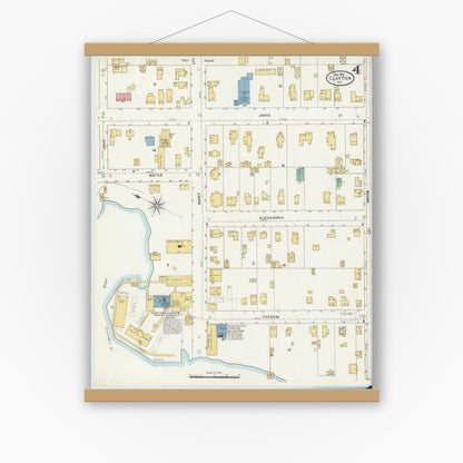 Old map wall art mockup — magnetic wood frame on white wall — Sanborn Fire Insurance Map from Clayton, Jefferson County, New York (1905), Sheet #0004