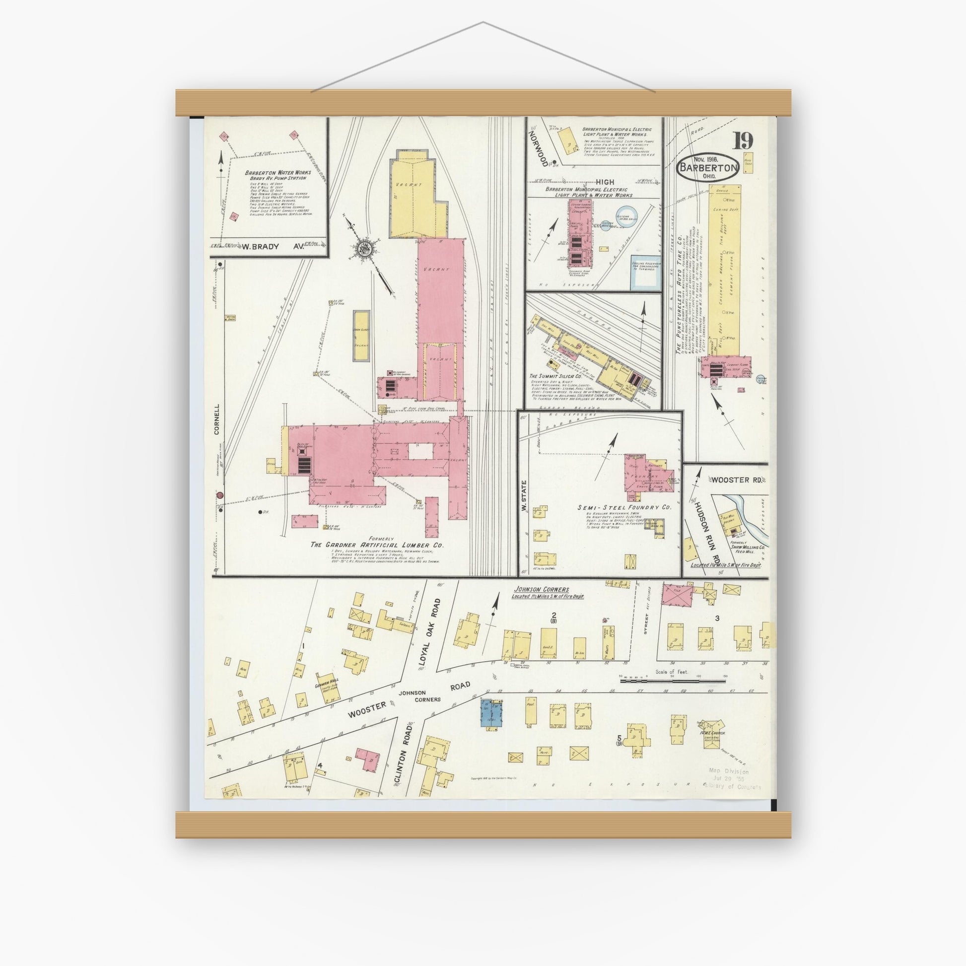 Old map wall art mockup — magnetic wood frame on white wall — Sanborn Fire Insurance Map from Barberton, Summit County, Ohio (1916), Sheet #0019