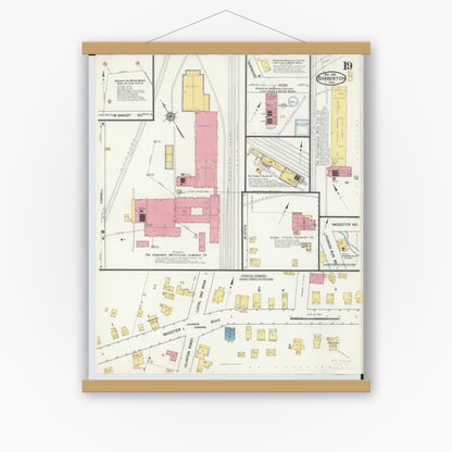 Old map wall art mockup — magnetic wood frame on white wall — Sanborn Fire Insurance Map from Barberton, Summit County, Ohio (1916), Sheet #0019