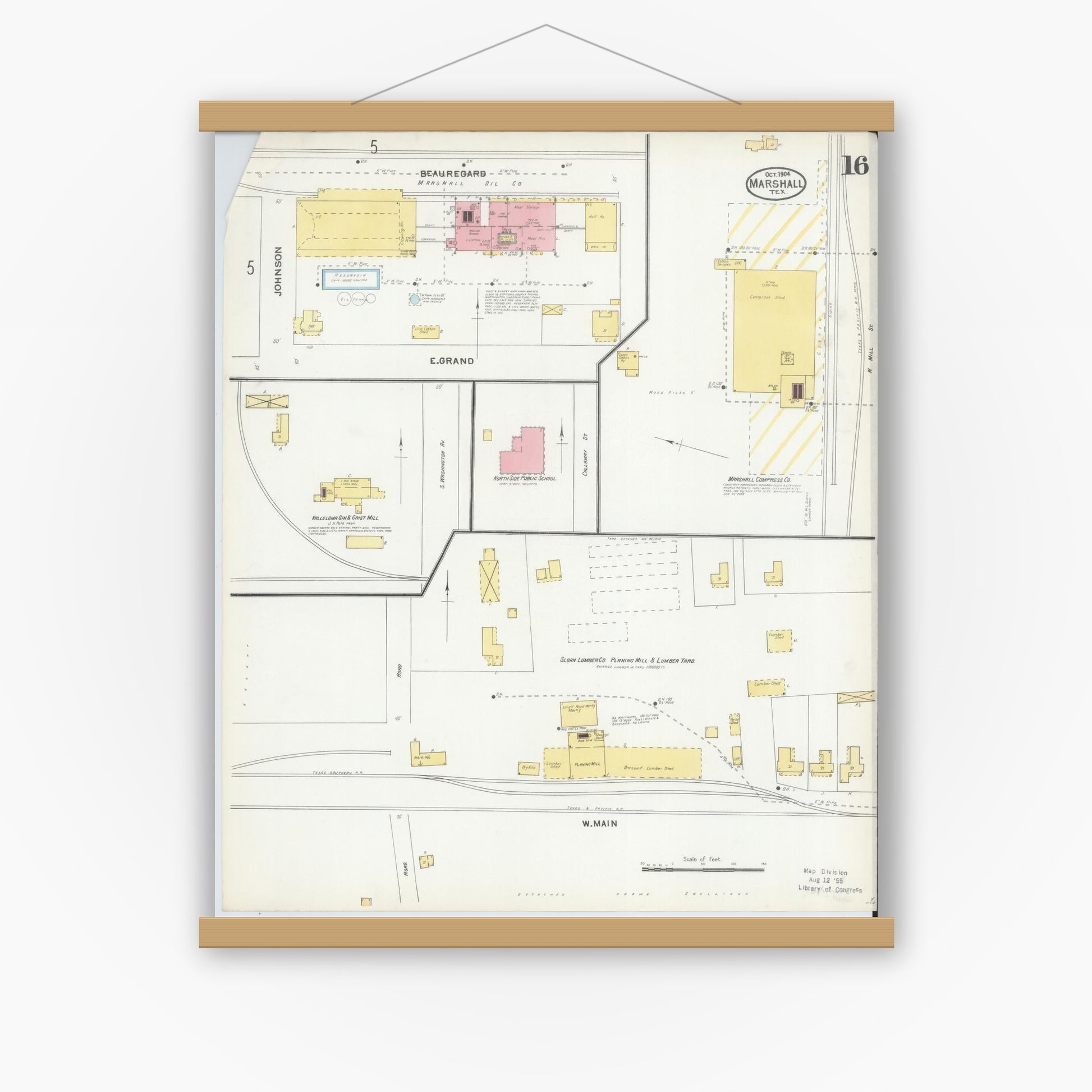 Old map wall art mockup — magnetic wood frame on white wall — Sanborn Fire Insurance Map from Marshall, Harrison County, Texas (1904), Sheet #0016