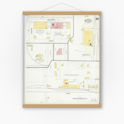 Old map wall art mockup — magnetic wood frame on white wall — Sanborn Fire Insurance Map from Marshall, Harrison County, Texas (1904), Sheet #0016