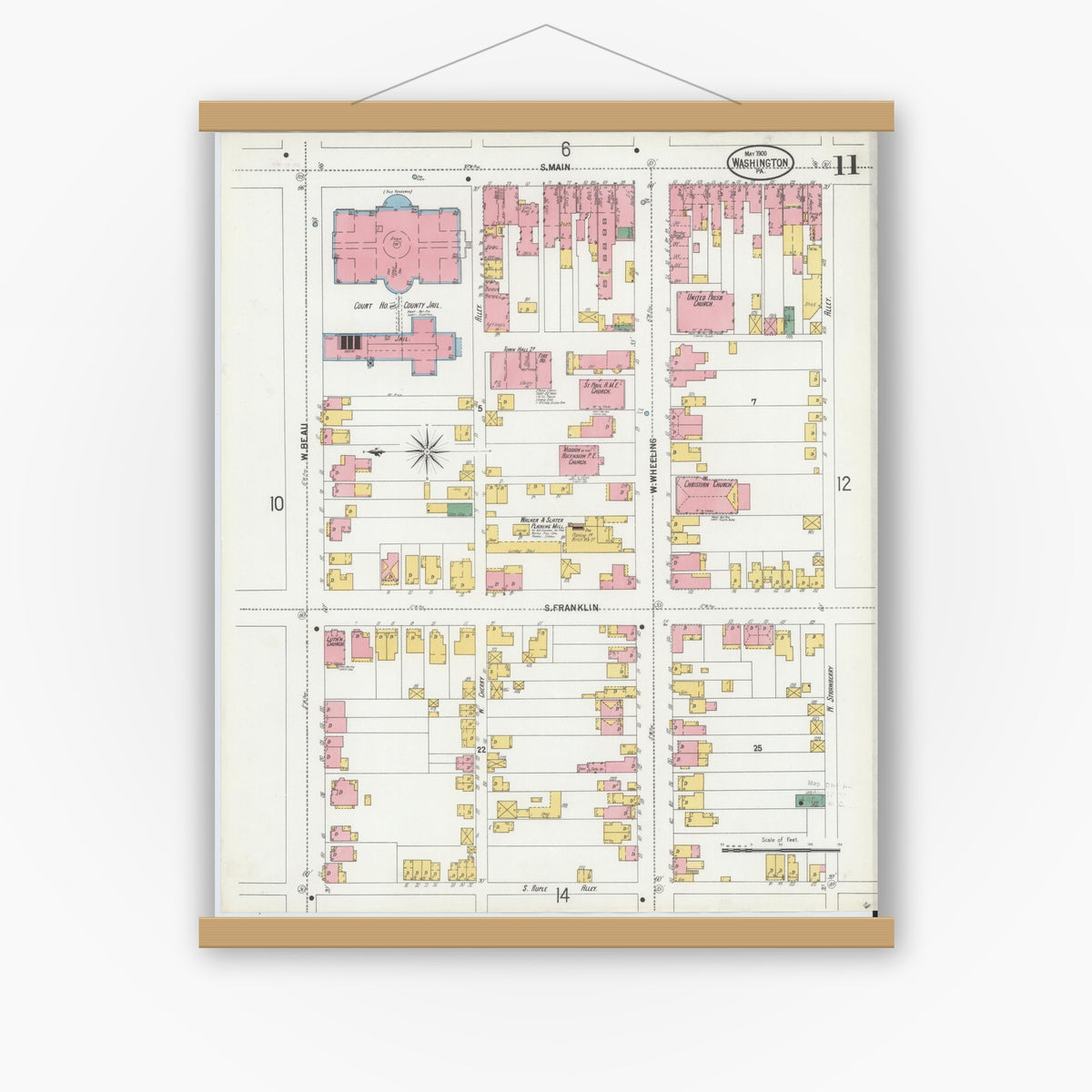 Old map wall art mockup — magnetic wood frame on white wall — Sanborn Fire Insurance Map from Washington, Washington County, Pennsylvania (1900), Sheet #0011
