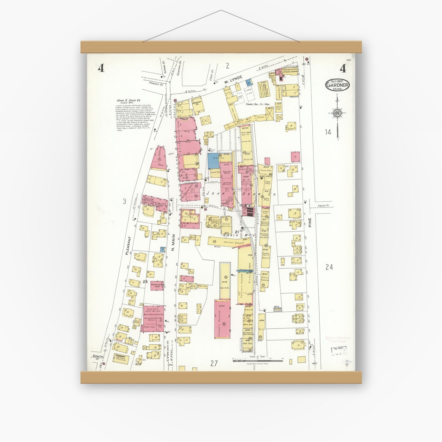 Old map wall art mockup — magnetic wood frame on white wall — Sanborn Fire Insurance Map from Gardner, Worcester County, Massachusetts (1923), Sheet #0004