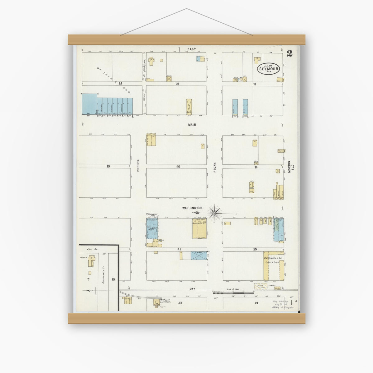 Old map wall art mockup — magnetic wood frame on white wall — Sanborn Fire Insurance Map from Seymour, Baylor County, Texas (1898), Sheet #0002