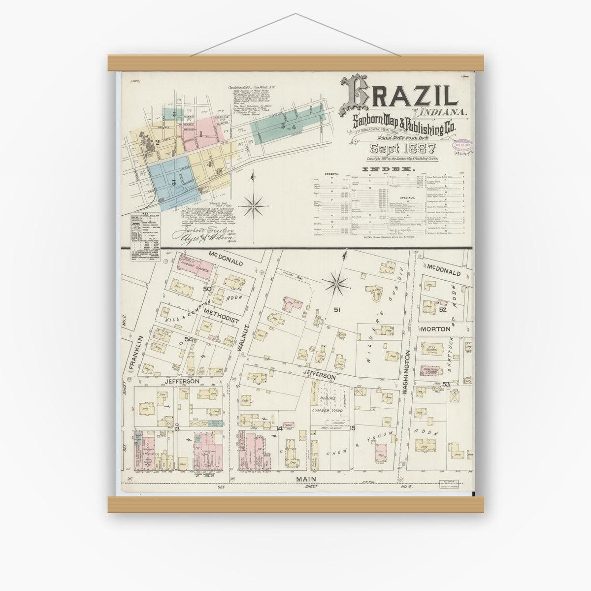 Old map wall art mockup — magnetic wood frame on white wall — Sanborn Fire Insurance Map from Brazil, Clay County, Indiana (1887) - Complete Map Set