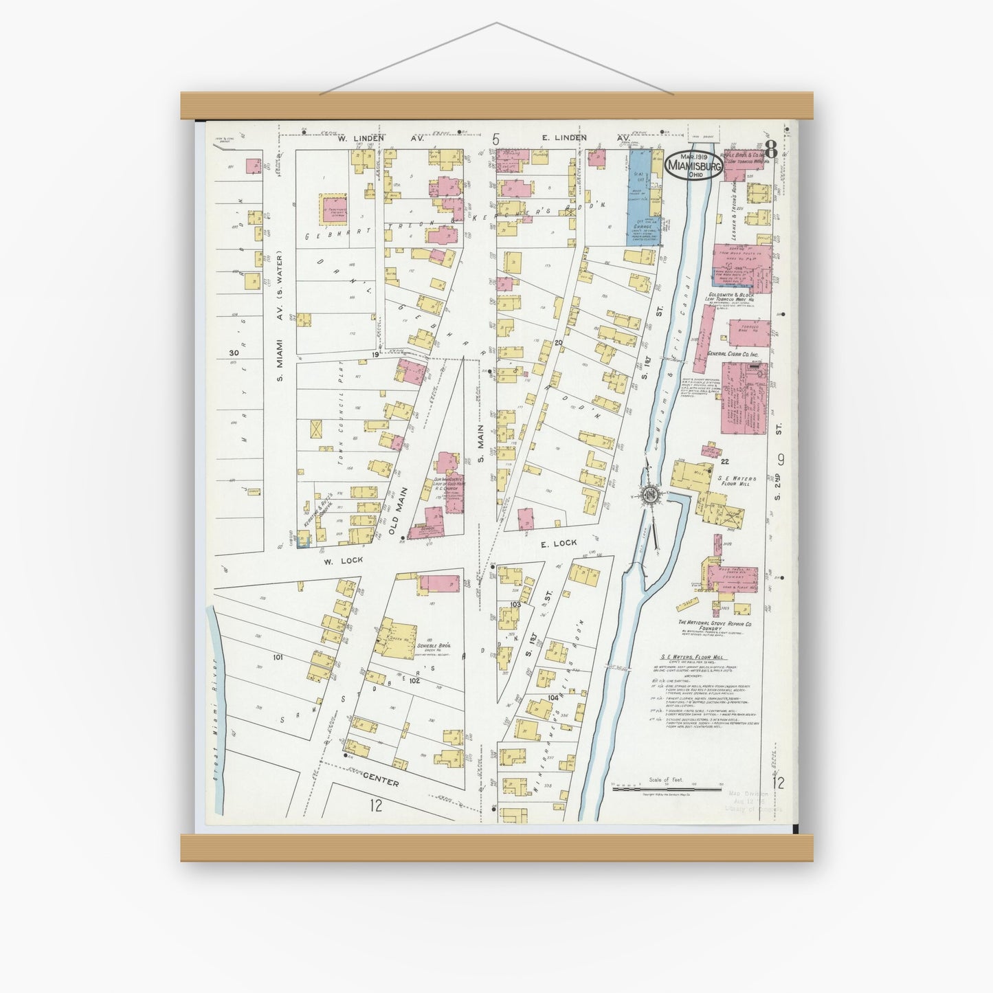 Old map wall art mockup — magnetic wood frame on white wall — Sanborn Fire Insurance Map from Miamisburg, Montgomery County, Ohio (1919), Sheet #0008