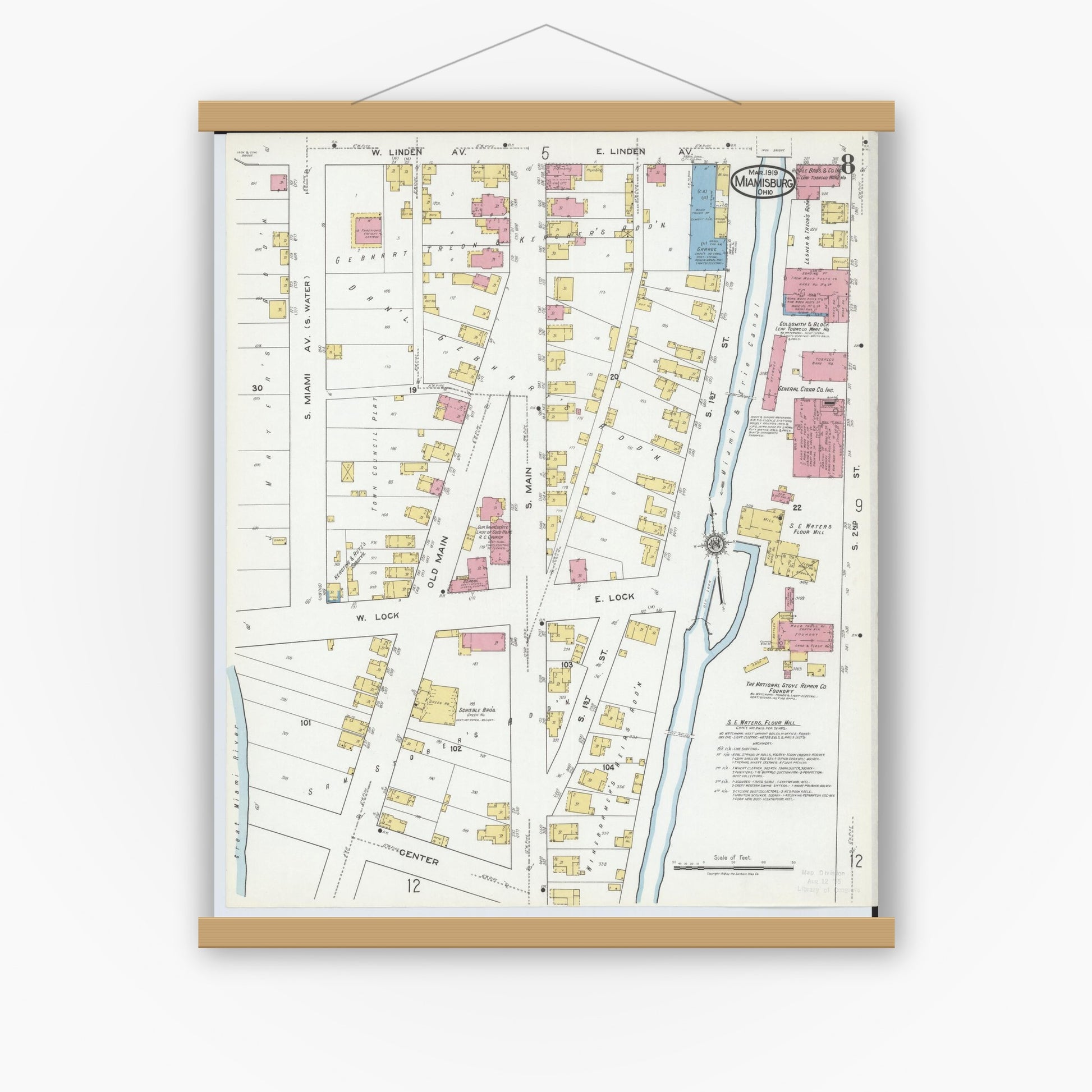 Old map wall art mockup — magnetic wood frame on white wall — Sanborn Fire Insurance Map from Miamisburg, Montgomery County, Ohio (1919), Sheet #0008
