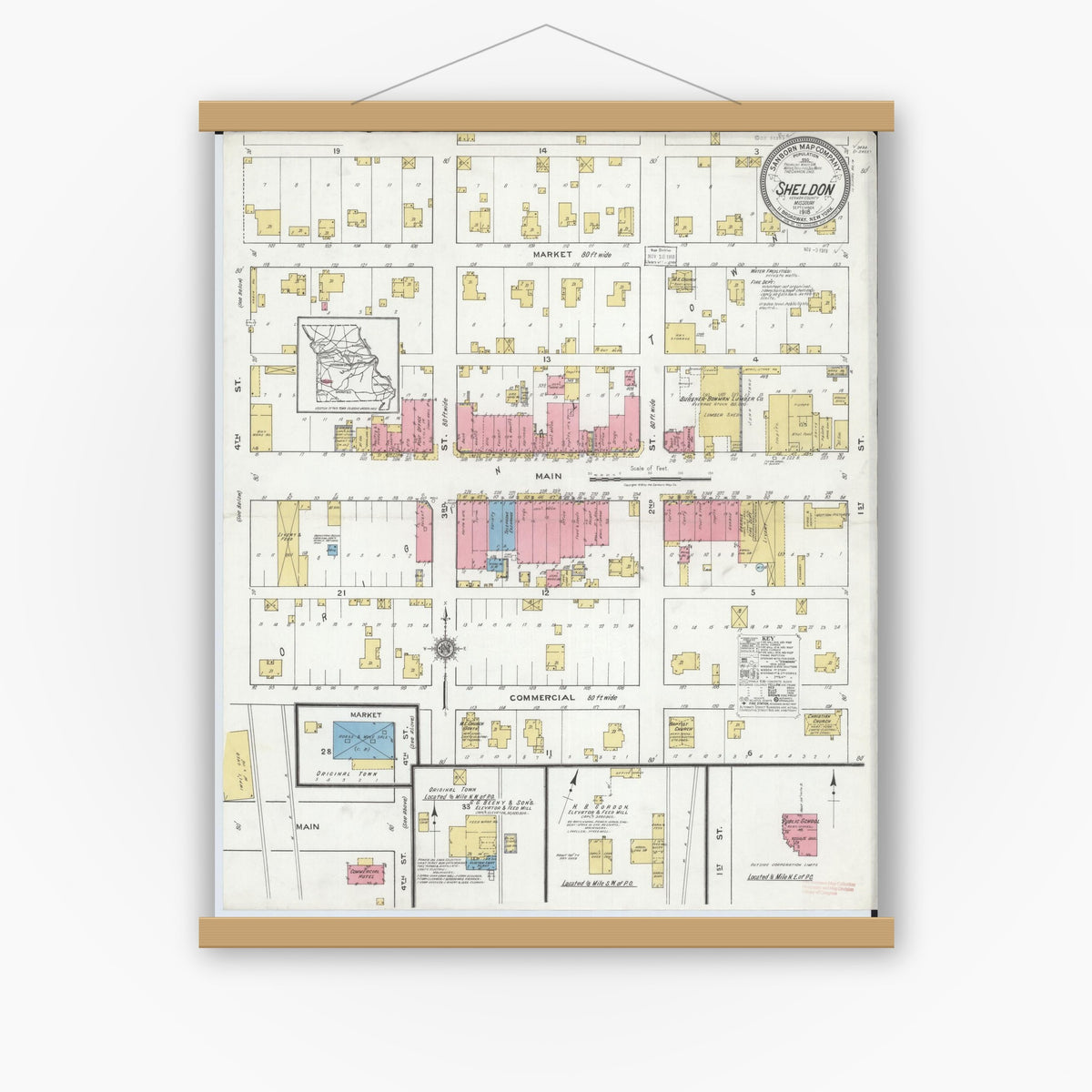 Old map wall art mockup — magnetic wood frame on white wall — Sanborn Fire Insurance Map from Sheldon, Vernon County, Missouri (1918), Sheet #0001
